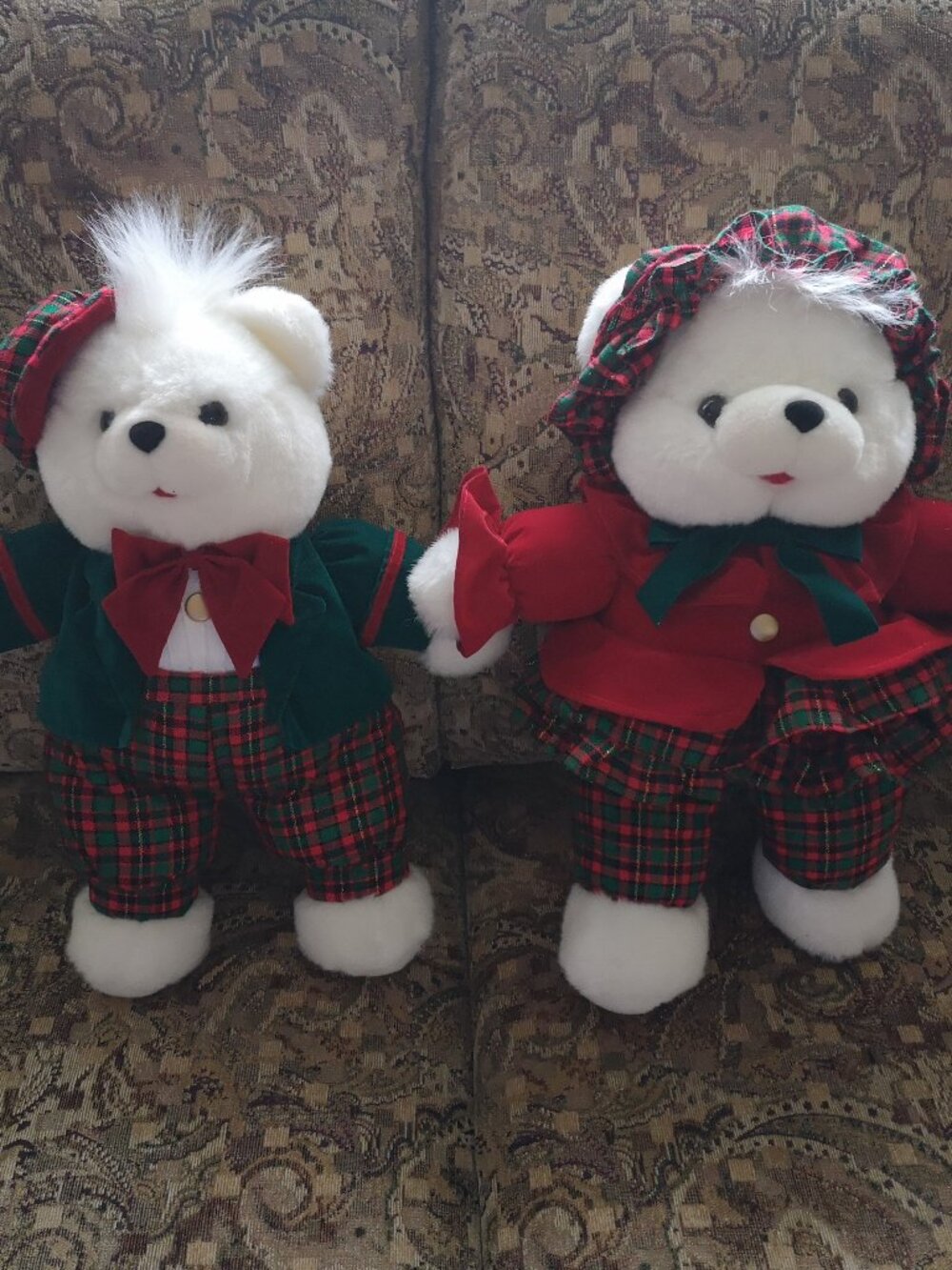 2 - Vintage 1993 K-Mart Plush White Bears Dressed in Tartan & Christmas 16" Tall